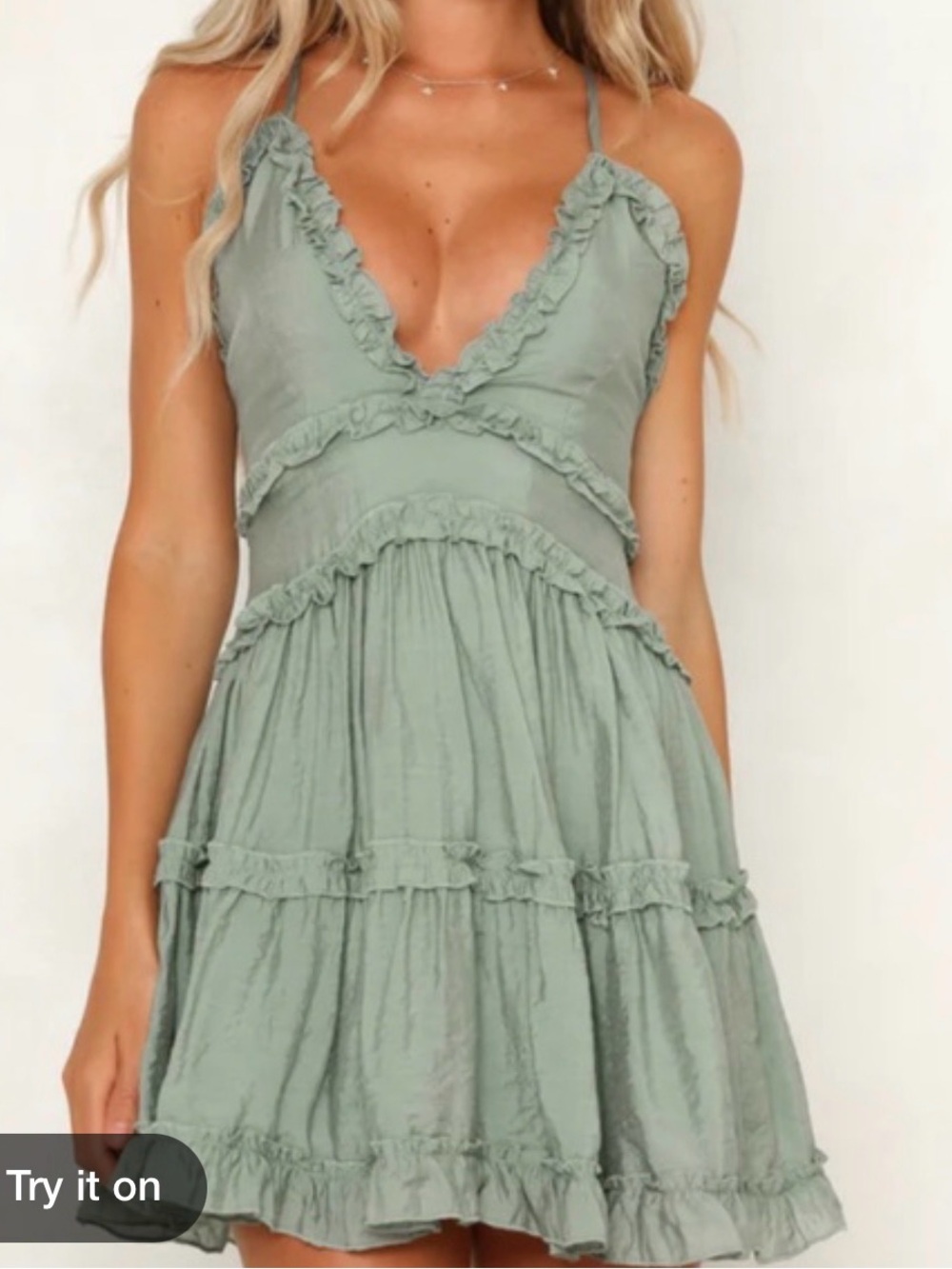 Sleeveless Ruffle V-Neck Sundress in Sage Green